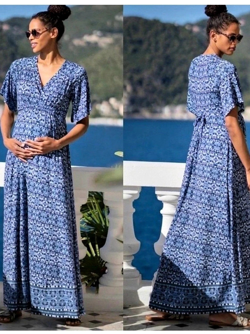EUC Seraphine Lulah Blue Wrap Front Maternity Nursing Maxi Dress - Size Small